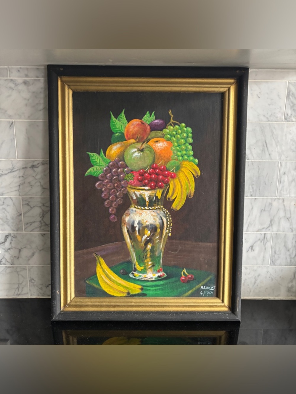 Vintage 19” Framed and Signed Original Still Life Fruit Painting on Board (2001)